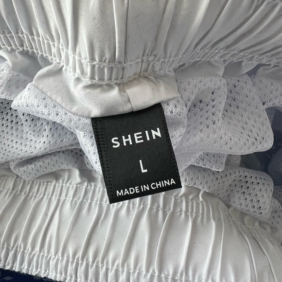 Men’s Blue & White Patterned Swim Trunks w/ Elastic Waistband Drawstring Size L - Picture 13 of 15